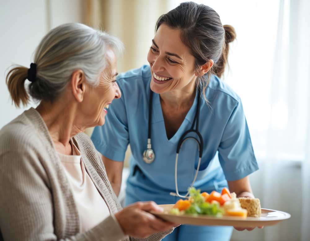 A nurse giving a dementia patient a plate of healthy food while smilling